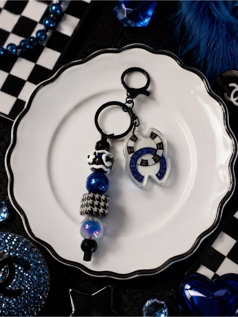 Hand Crafted Inspired Blue and Black Beaded Keychain
